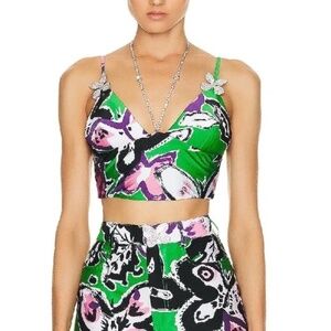 AREA Butterfly Printed Spandex Crop Top Pants Crystal Embellished Small NWT